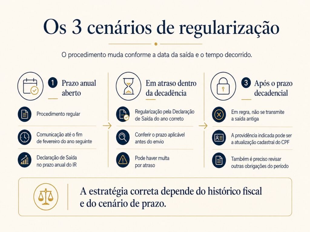 Infográfico mostrando os três principais cenários de regularização para quem saiu do Brasil e não fez a Saída Definitiva