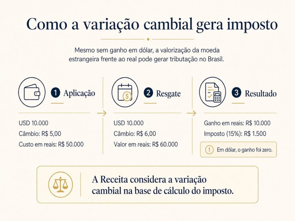 Infográfico mostrando como a variação cambial pode gerar imposto sobre investimentos no exterior.