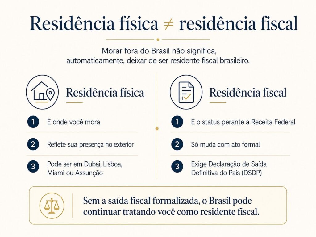 Infográfico comparando residência física e residência fiscal para brasileiros que moram no exterior